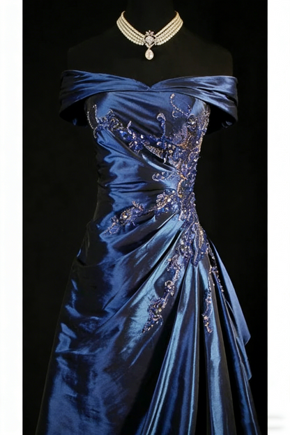 Vintage Off The Shoulder Ball Gown Navy Blue Satin Beaded Long Prom Dresses Party Dress D2461