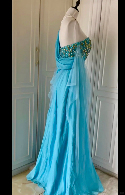 Stylish One Shoulder Blue Satin Tulle Beaded Mermaid Long Prom Dress Evening Dress D3093