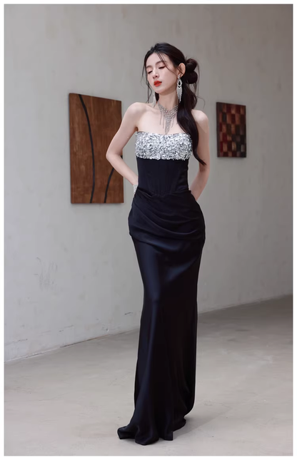 Fashion Black Strapless Satin Sequin Beaded Mermaid Evening Dress Long Wedding Guest Dress D2453