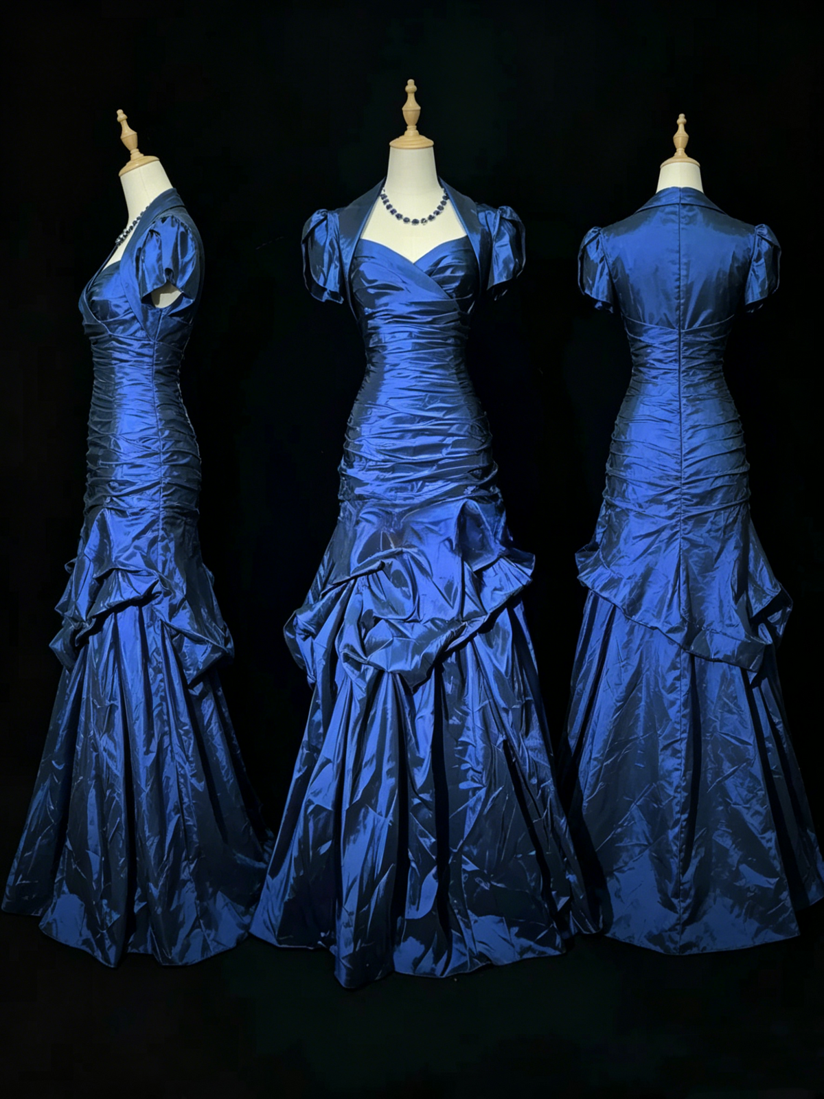 Vintage Blue Satin Pleated Mermaid Long Party Gown Formal Prom Dress D753