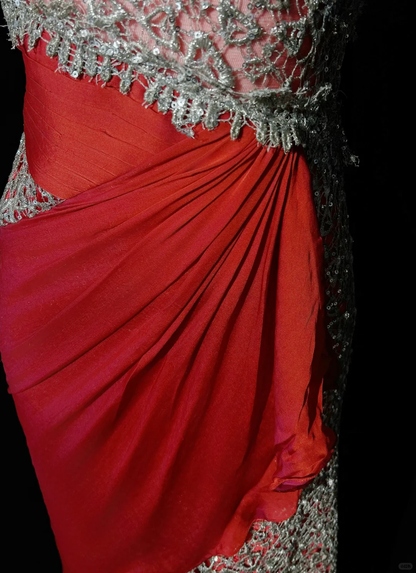 Gorgeous Halter Chiffon Lace Beaded Mermaid Prom Dress,Red Long Party Dress D2837