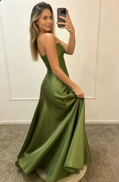Charming Sweetheart Neck Olive Green Satin Mermaid Long Party Dress Birthday Outfits D1358