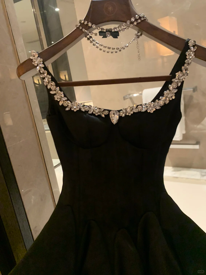 Classy Black Satin Beaded A Line Short Birthday Outfits Homecoming Dress D239