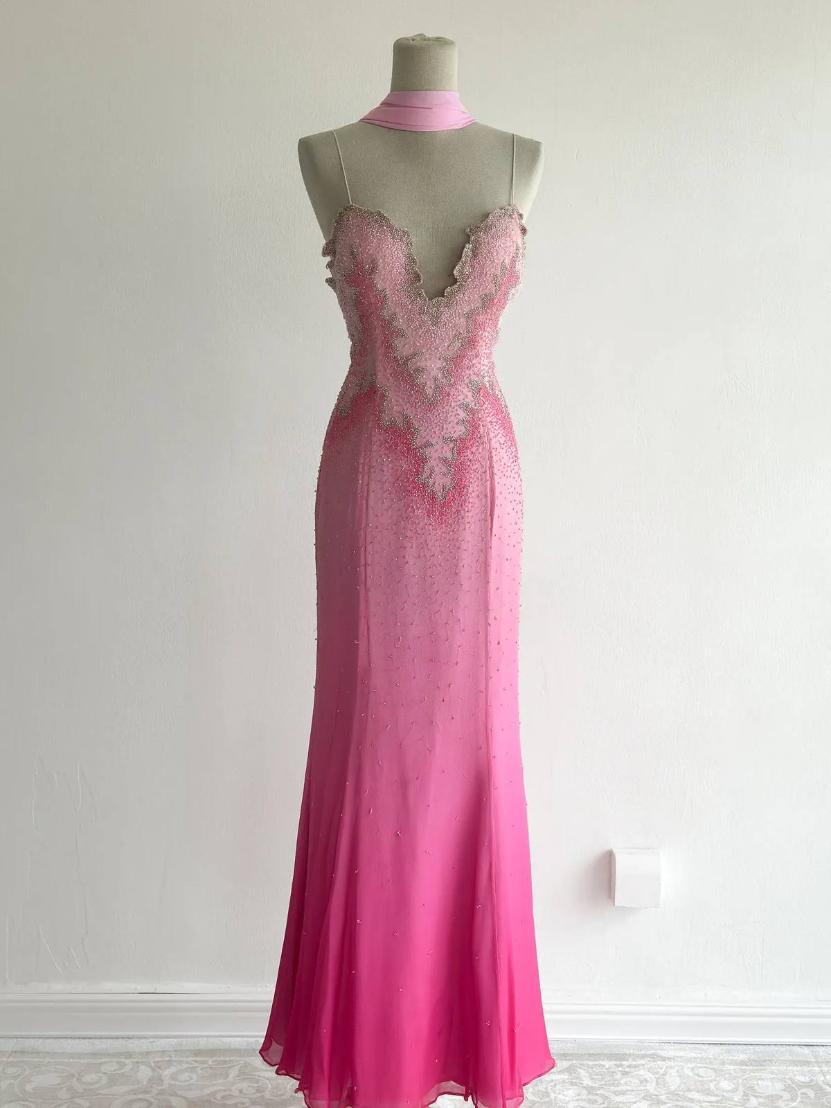 Glamorous Spaghetti Straps Ombre Pink Chiffon Beaded Mermaid Long Evening Dress Party Gown D5417