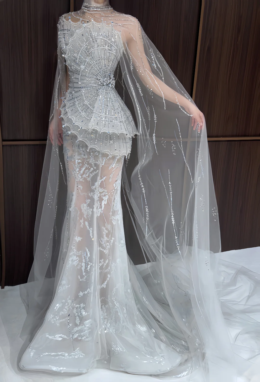 Shiny Silver Grey Appliques Beaded Mermaid Long Party Dress Prom Gown D5089