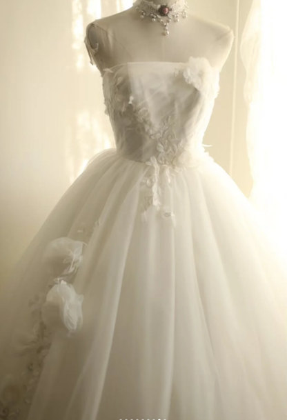 Fairy Strapless Tulle Appliqued Ball Gown White Long Wedding Dress D2323