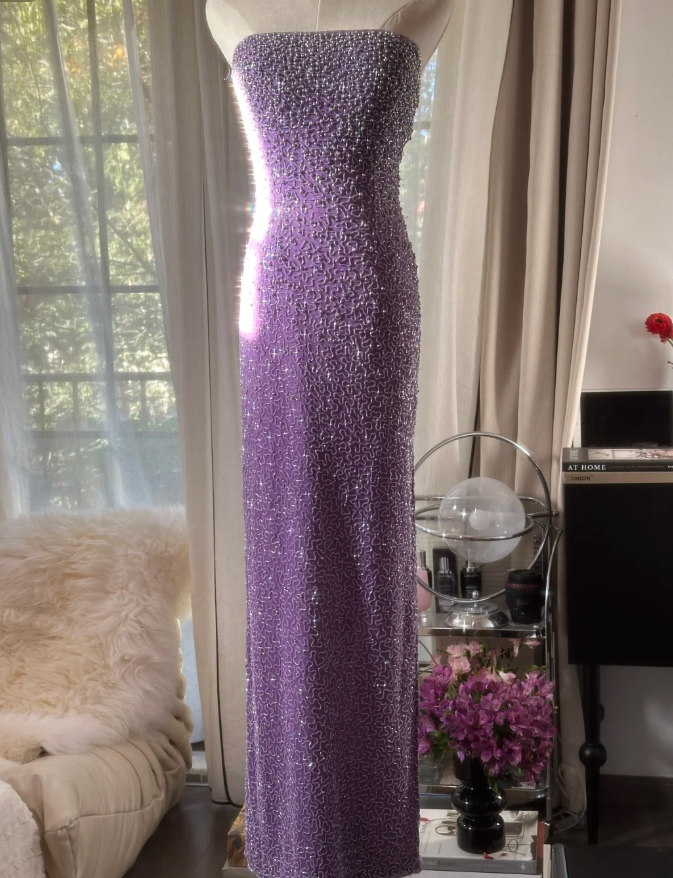 Glamorous Strapless Purple Chiffon Beaded Sheath Slit Prom Dress Long Party Gown D2297