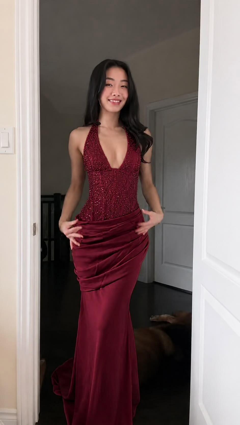 Charming Halter V Neck Burgundy Satin Mermaid Long Evening Dress Prom Dress D5302