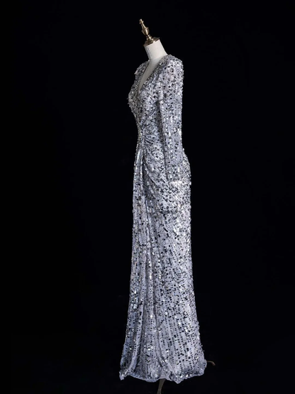 Sparkly V Neck Silver Sequin Beaded Sheath Long Party Dress Evening Dress With Ruched D4851
