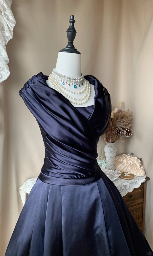Classy Navy Blue Satin Pleated Short Homecoming Dress Cocktail Dress D3187