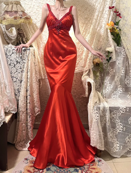 Charming Spaghetti Straps Red V Neck Satin Beaded Party Dress Long Wedding Guest Dress D2057