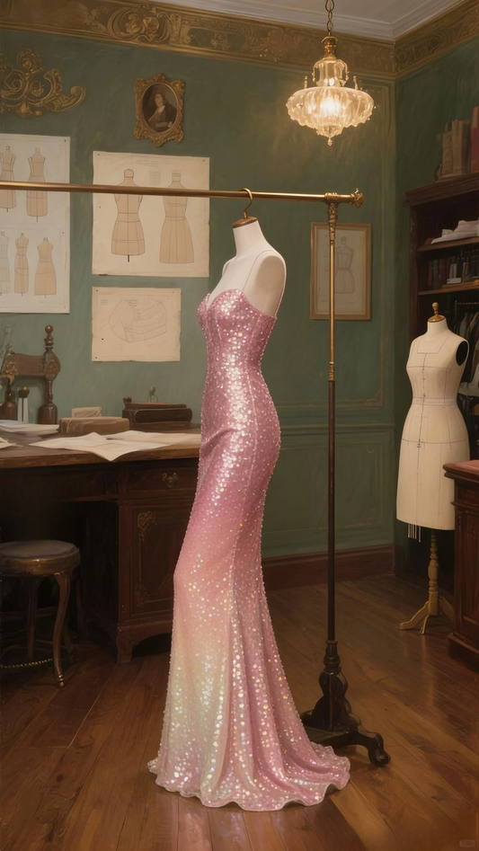 Sparkly Spaghetti Straps Pink Sequin Mermaid Long Party Dress Evening Gown  D1659