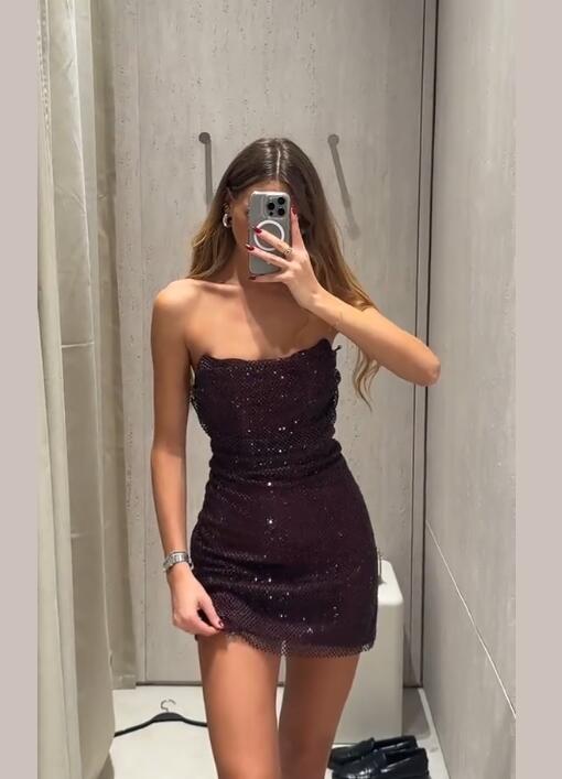 Shiny Dark Purple Sequin Sheath Short Graduation Homecoming Dress,Strapless Mini Prom Dress D4128