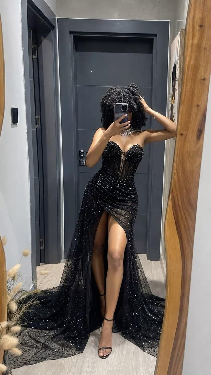 Stylish Sweetheart Neck Tulle Beaded Mermaid Slit Party Dress Black Long Prom Dresses D5164