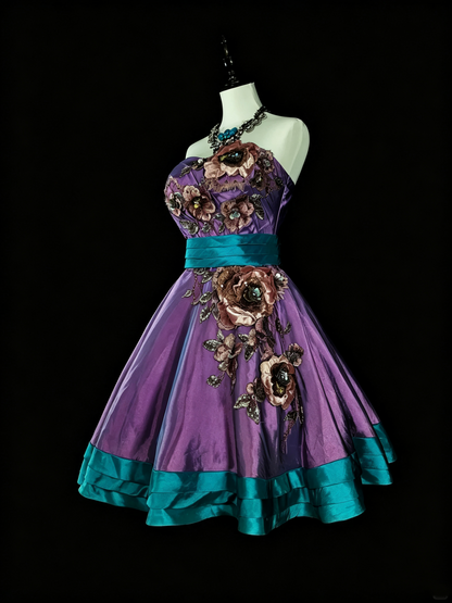 Retro Purple Satin Embroidery Floral A Line Short 16th Birthday Outfits,Strapless Short Homecoming Dress D4058