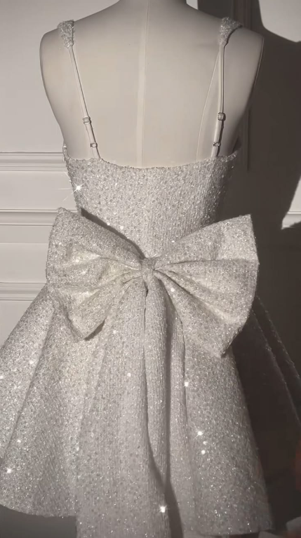 Sparkly Spaghetti Straps Sequin A Line Short Prom Dress,White A Line Short 7th Grade Homecoming Dress D3681