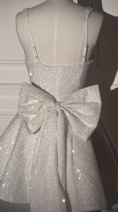 Sparkly Spaghetti Straps Sequin A Line Short Prom Dress,White A Line Short 7th Grade Homecoming Dress D3681