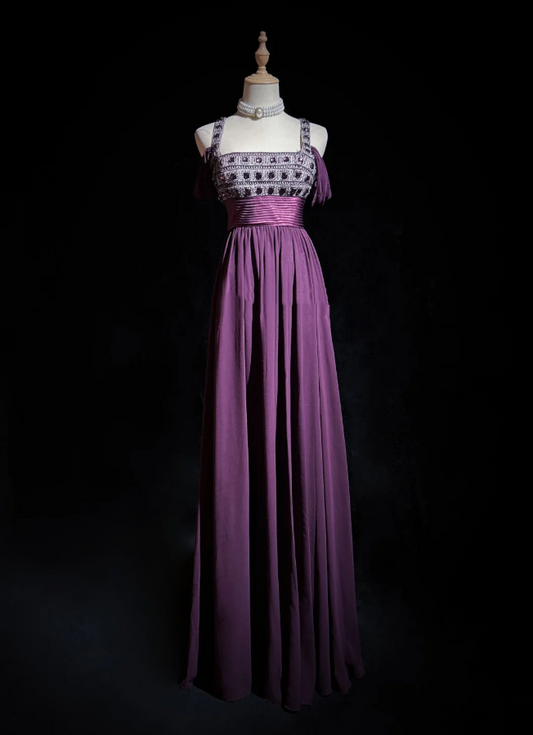 Stylish Spaghetti Straps Satin Beaded A Line Long Wedding Guest Dress,Purple Long Evening Dress Party Gown D2068