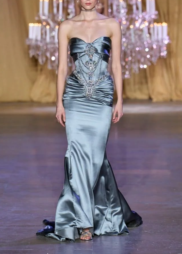 Elegant Sweetheart Neck Blue Satin Beaded Mermaid Long Evening Dress Birthday Prom Dresses D4808