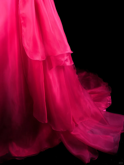 Sexy Strapless Ball Gown Hot Pink Organza Beaded Long Evening Dress Prom Gown D2515