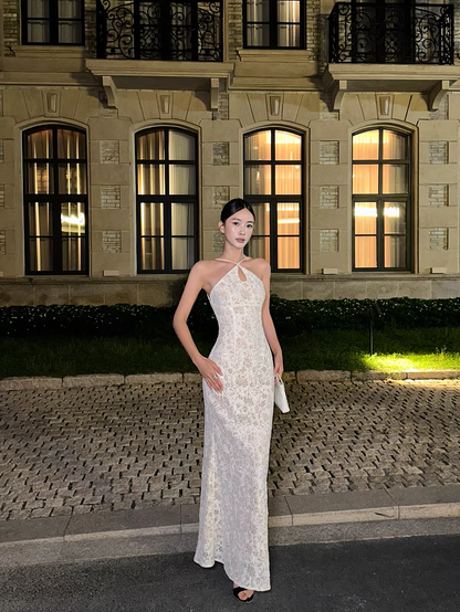 Glamorous Beige Sleeveless Lace Mermaid Slit Long Evening Dress Formal Birthday Party Gown D2086