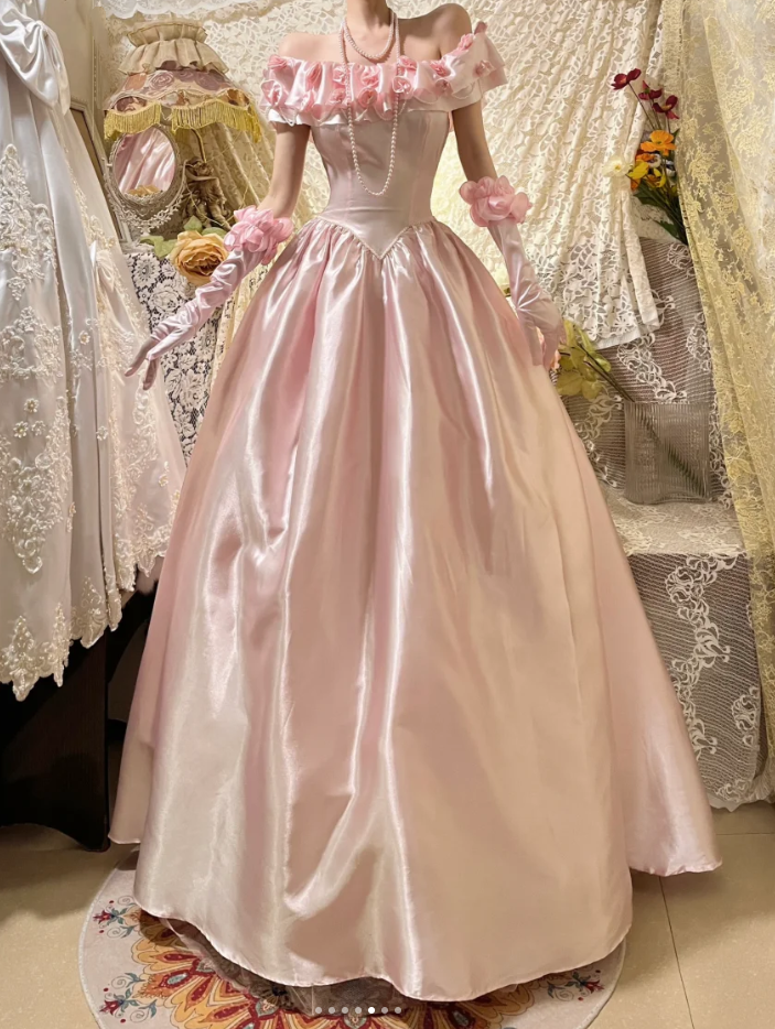 Sweet Pink Ball Gown Off The Shoulder 3D Flowers Beaded Long Birthday Party Dress Evening Gown With Gloves D2110