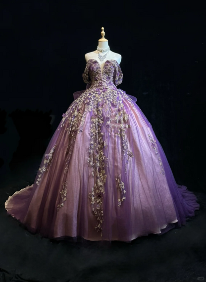 Gorgeous Purple Tulle Sequin Sweet 16 Dress,Off The Shoulder Quinceanera Dress With Bow D2843
