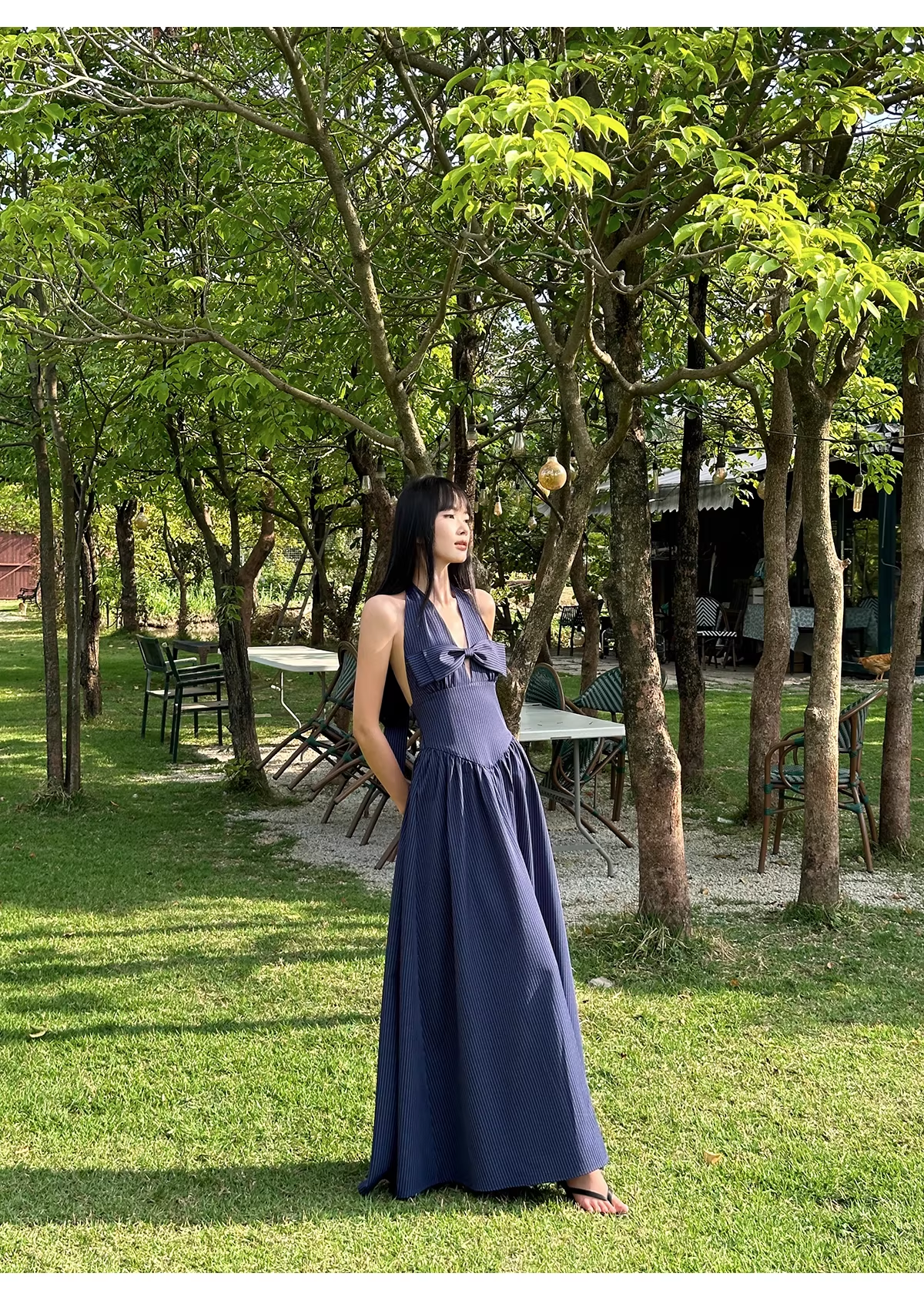 Cute Halter  A-Line Black White Striped Butterfly Bow V-Neck Long Evening Dress Birthday Party Gown D2083