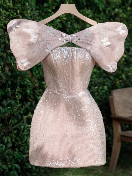 Pretty Pink Bow Sequin Sheath Birthday Outfits Cute Short Homecoming Dress  S552