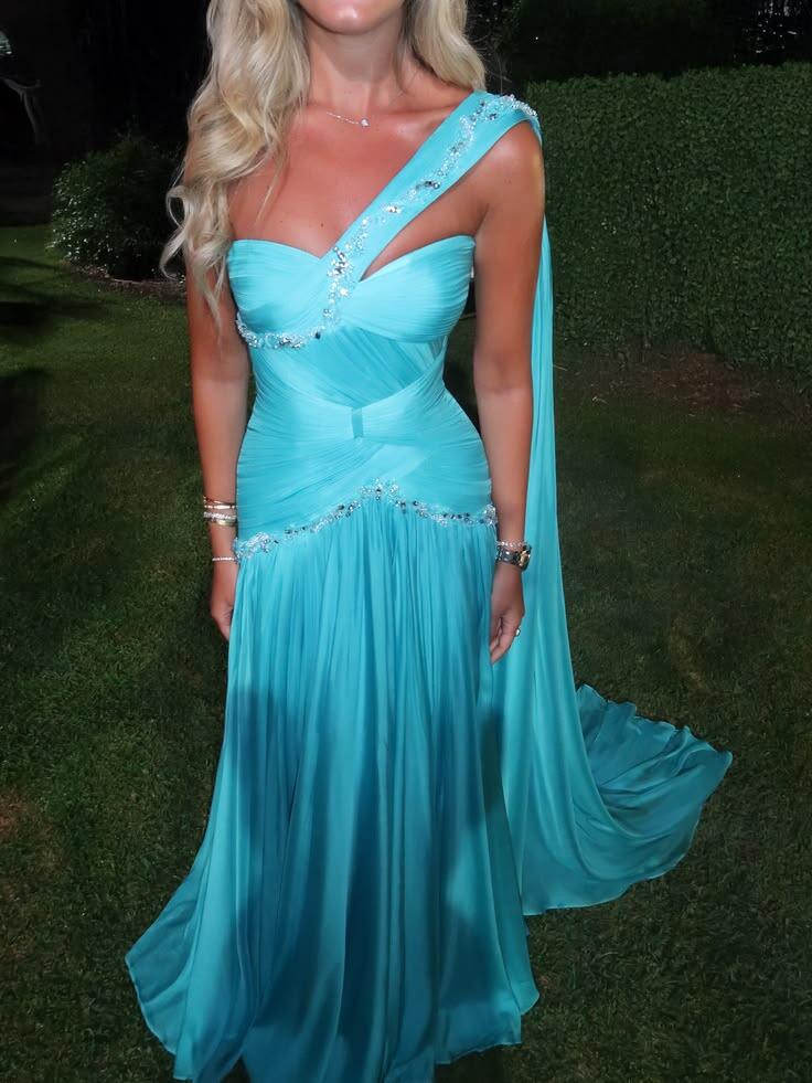 Fashion Blue Chiffon Ruched Beaded Mermaid Party Dress,One Shoulder Long Wedding Guest Dress D3814