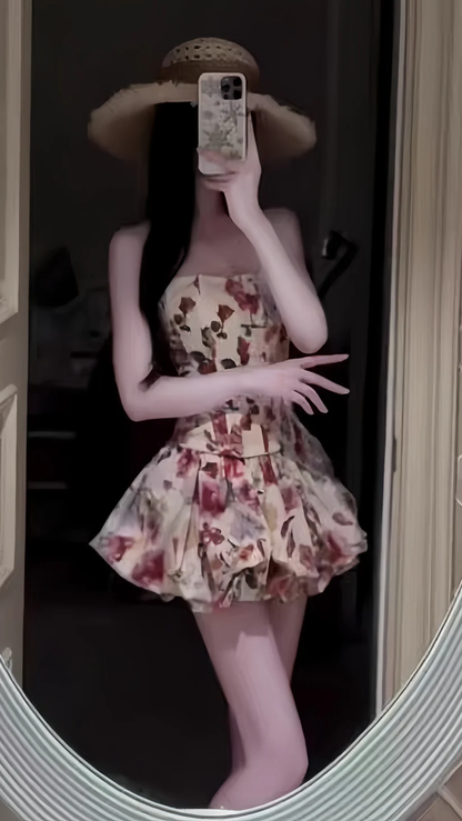 Pretty Strapless Satin Print Floral A Line Short 21st Birthday Outfits Homecoming Dress D797