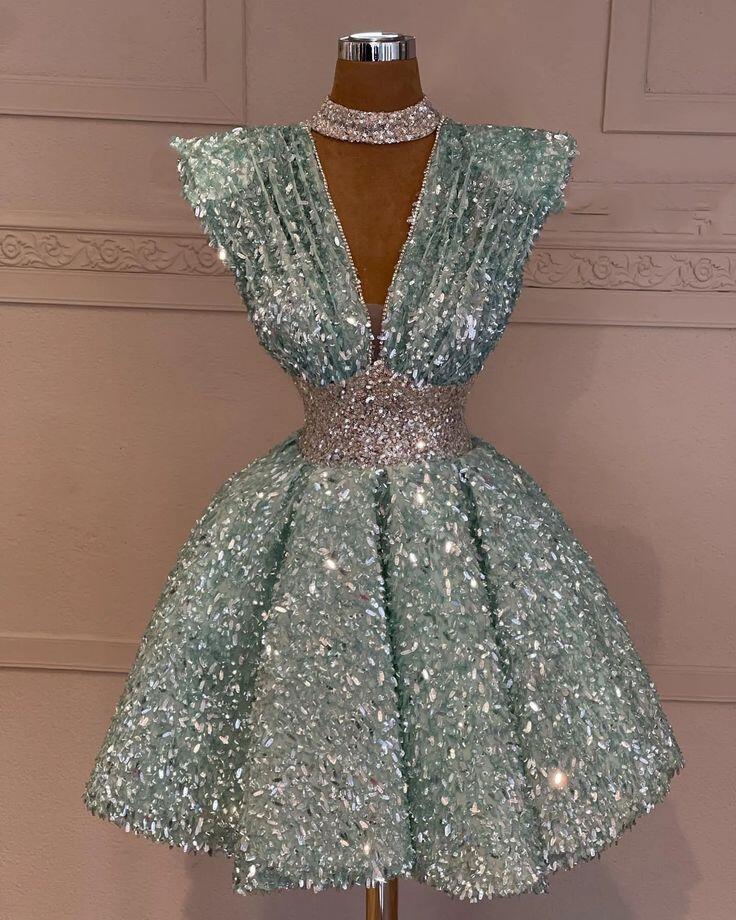 Gorgeous Mint Green V Neck Sequin Beaded A Line Short Homecoming Dress Cocktail Dress D4232