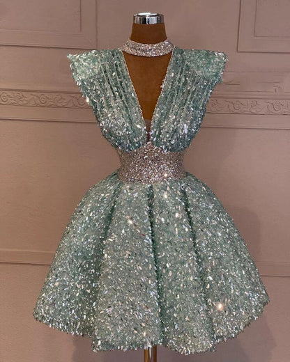 Gorgeous Mint Green V Neck Sequin Beaded A Line Short Homecoming Dress Cocktail Dress D4232