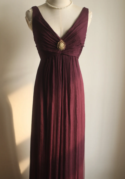 Retro Dark Purple V Neck Chiffon Long Prom Dress Evening Gown D2315
