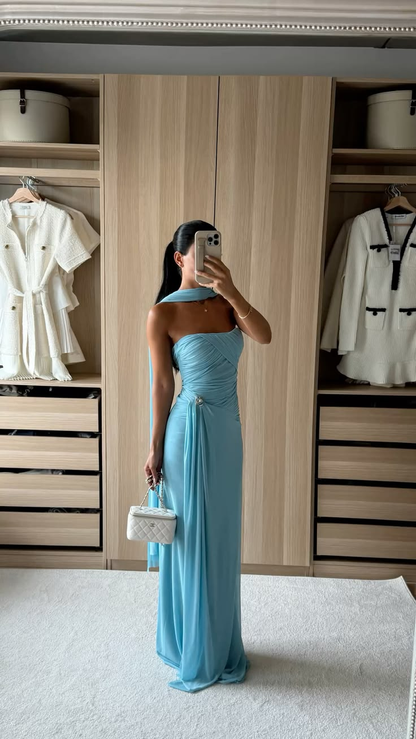 Elegant Blue Strapless Chiffon Pleated Sheath Long Party Dress Birthday Prom Dress Dress With Scarf D4801