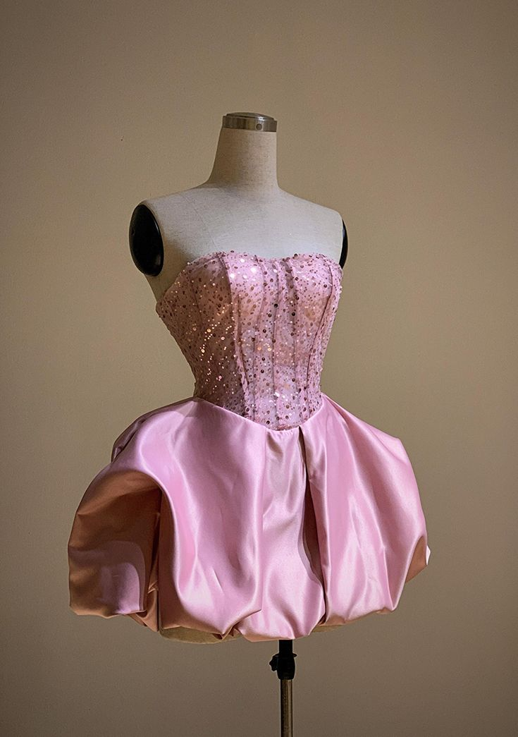 Pretty Strapless Hot Pink Satin Sequin A Line Short Homecoming Dress Formal 20th Birthday Outfits D773