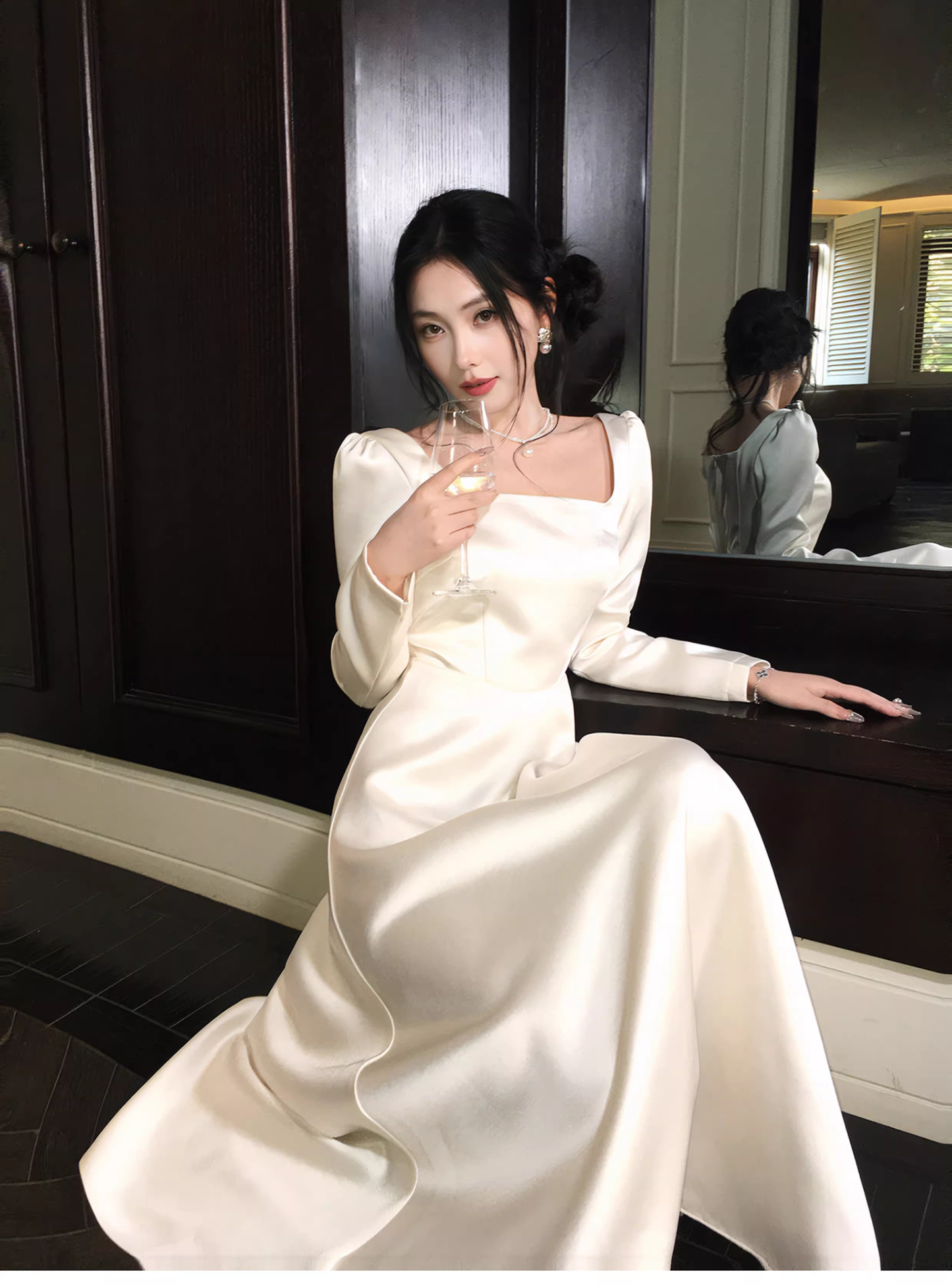 Elegant Square White Satin A Line Long Party Dress Evening Dress D2179