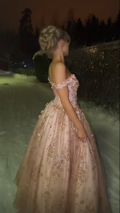 Pretty Pink Off The Shoulder Tulle Sequin Appliques Quinceanera Dress Sweet 16 Dress D5131