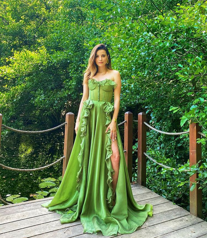 Elegant Sweetheart Neck Green Chiffon Ruffle Slit A Line Long Party Dress Evening Dress D2868