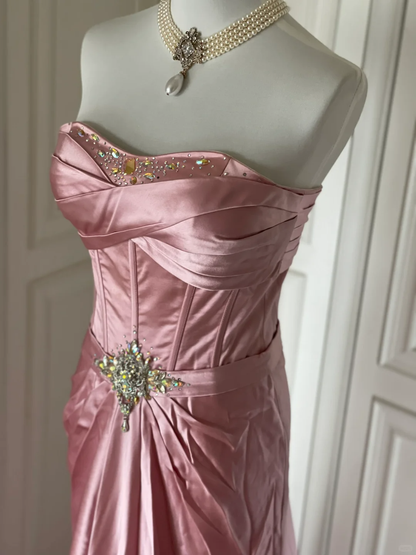 Fashion Strapless Satin Pleated Beaded Mermaid Party Gown,Pink Long Evening Dress D3109