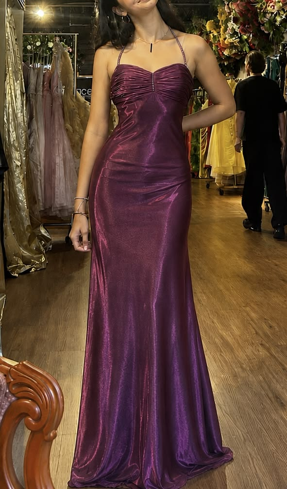 Sexy Halter Purple Satin Mermaid Long Party Dress Evening Gown D4279