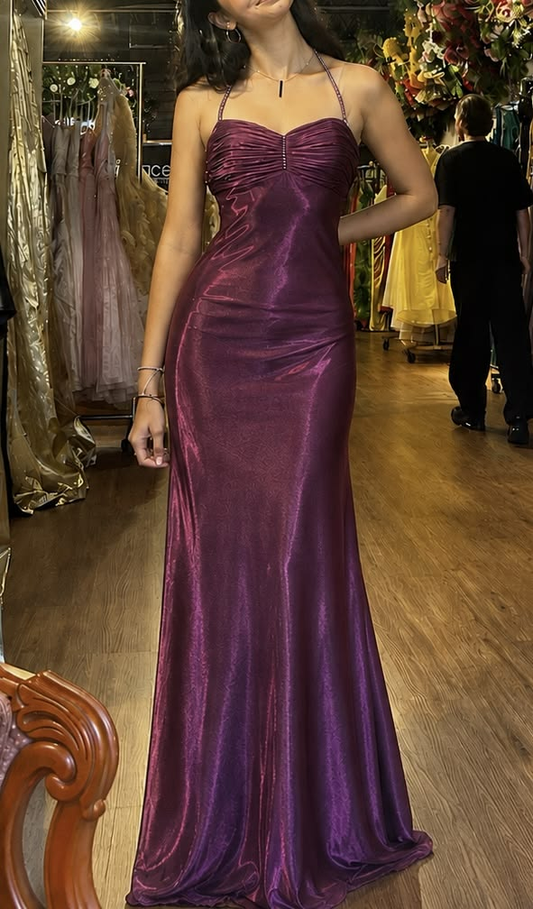 Sexy Halter Purple Satin Mermaid Long Party Dress Evening Gown D4279