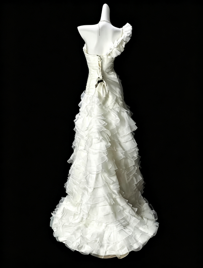 Glamorous One Shoulder Tulle Pleated Ruffled Mermaid Evening Dress,White Long Party Gown With Beads D3645