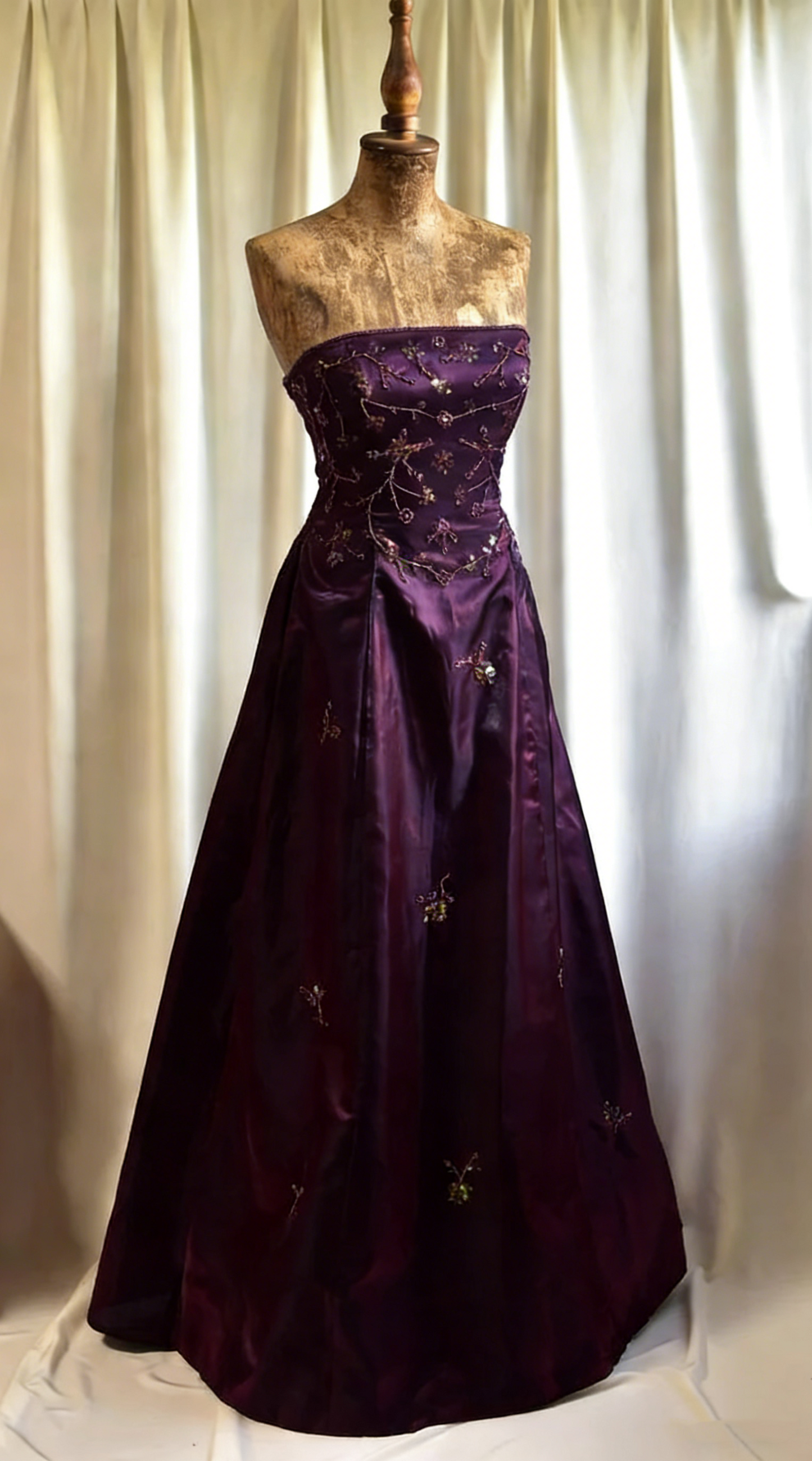 Vintage Burgundy Strapless Satin Beaded A Line Long Evening Dress Birthday Party Dress D1832