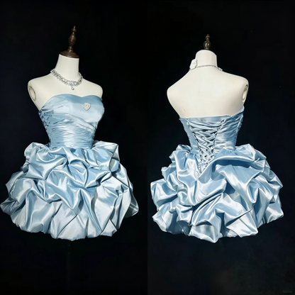 Elegant Blue Satin Pleated A Line Short Homecoming Dress,Strapless Mini Birthday Dress D3357