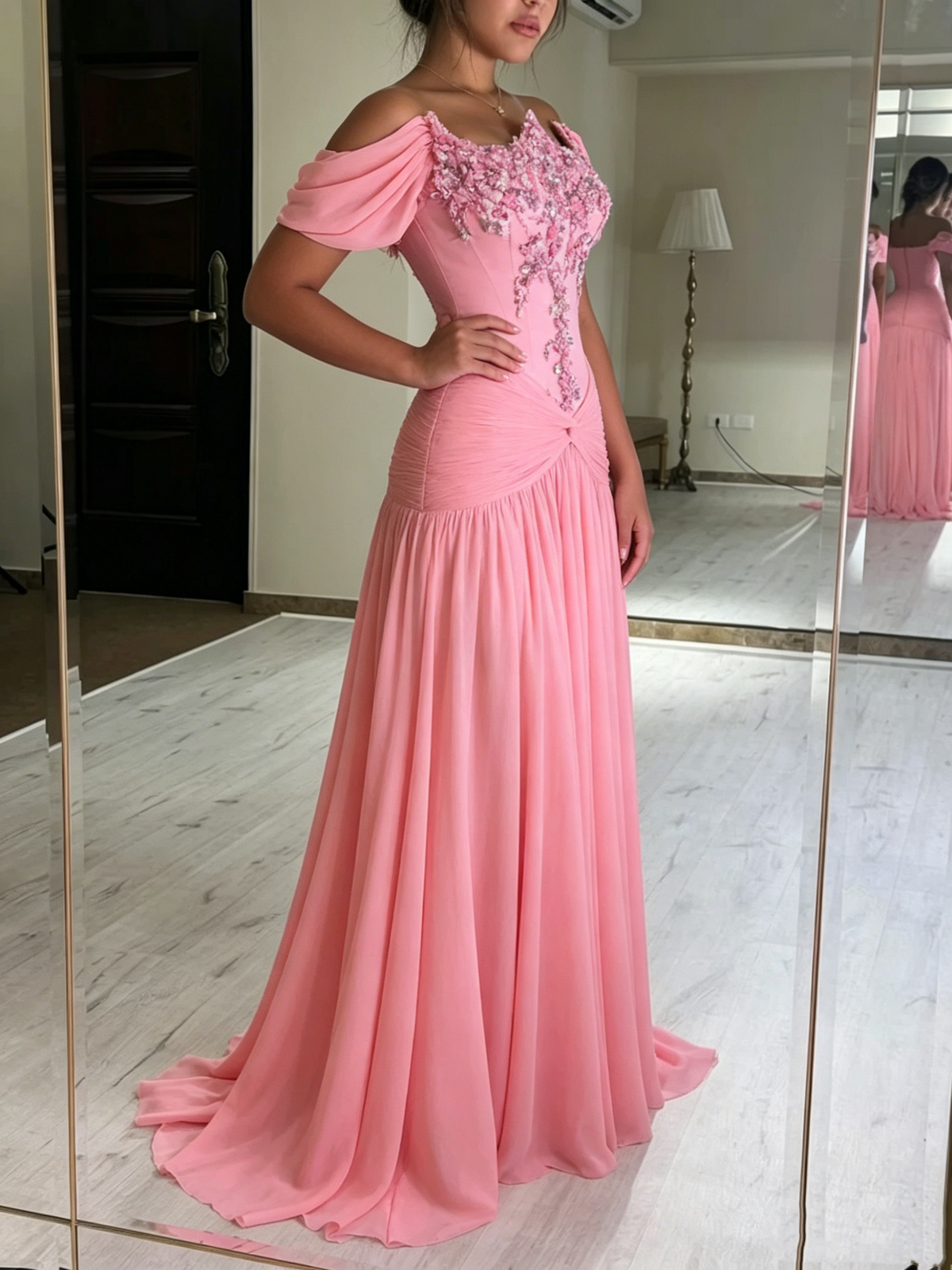 Cute Off The Shoulder Pink Chiffon Beaded Mermaid Long Party Dress Evening Gown D1304