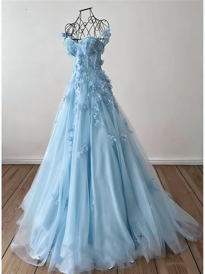 Retro Lavender Off Shoulder Tulle Floral Party Dress Tulle Prom Dress Evening Dress SD1747