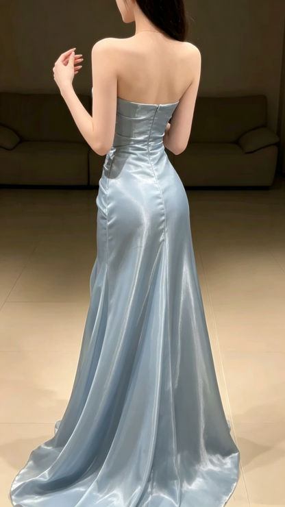 Pretty Strapless Tulle Pleated Mermaid Evening Dress Party Dress Sky Blue Long Wedding Guest Dress D1893