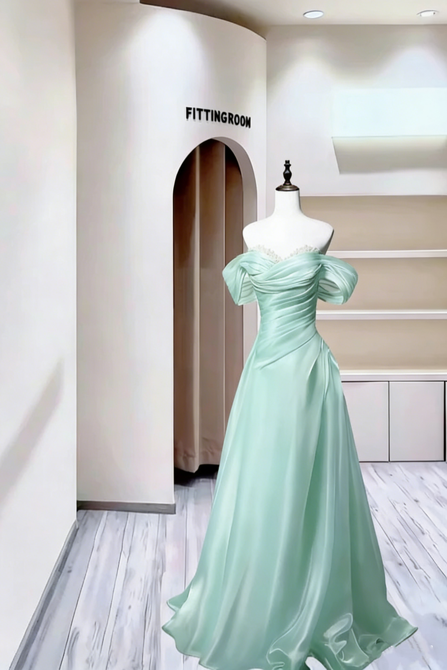 Charming Off The Shoulder Ball Gown Blue Satin Pleated Beaded Long Party Dress Evening Gown D2390