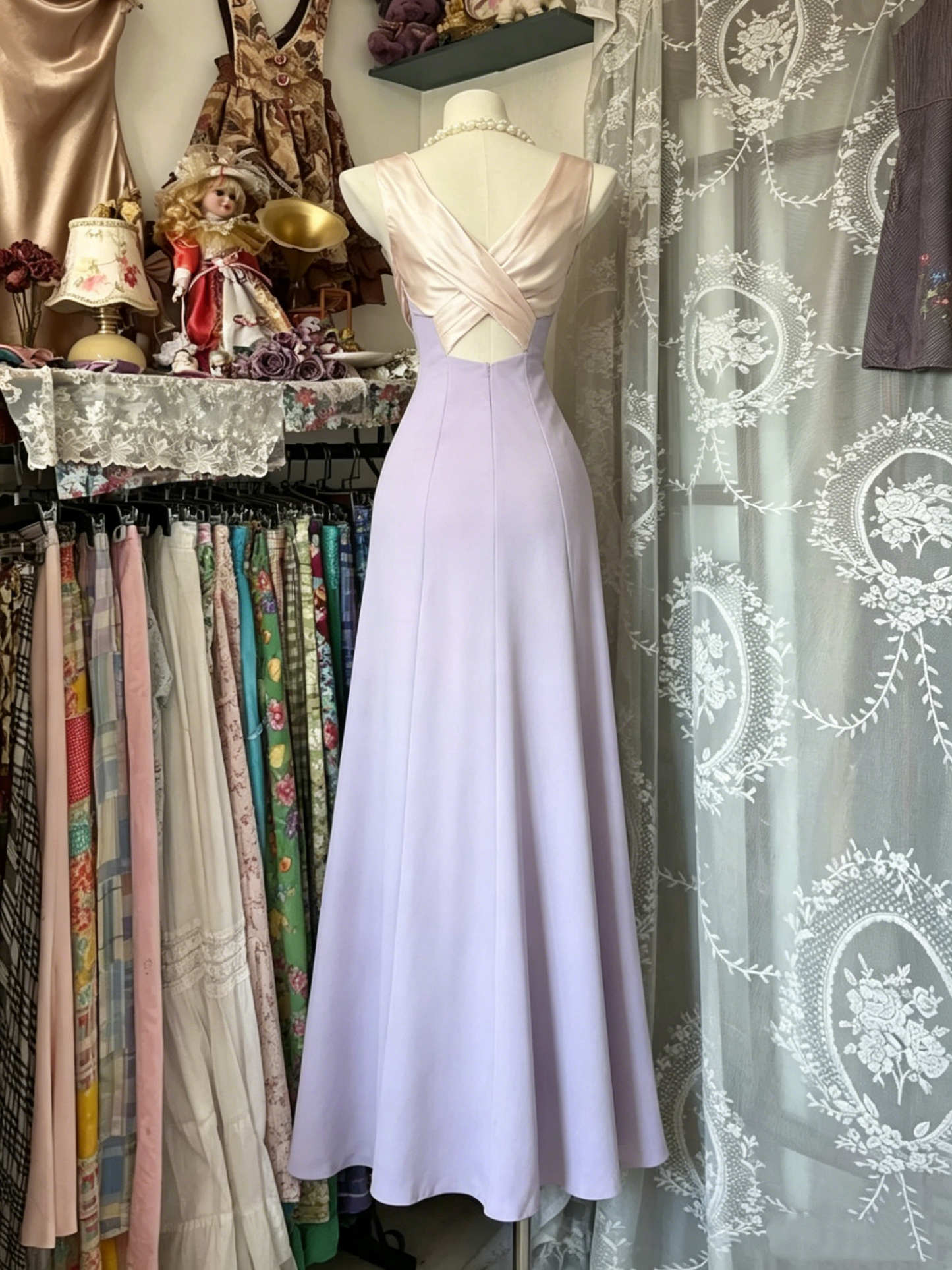 Retro V Neck Lilac Satin Mermaid Long Party Dress Prom Gown D1210